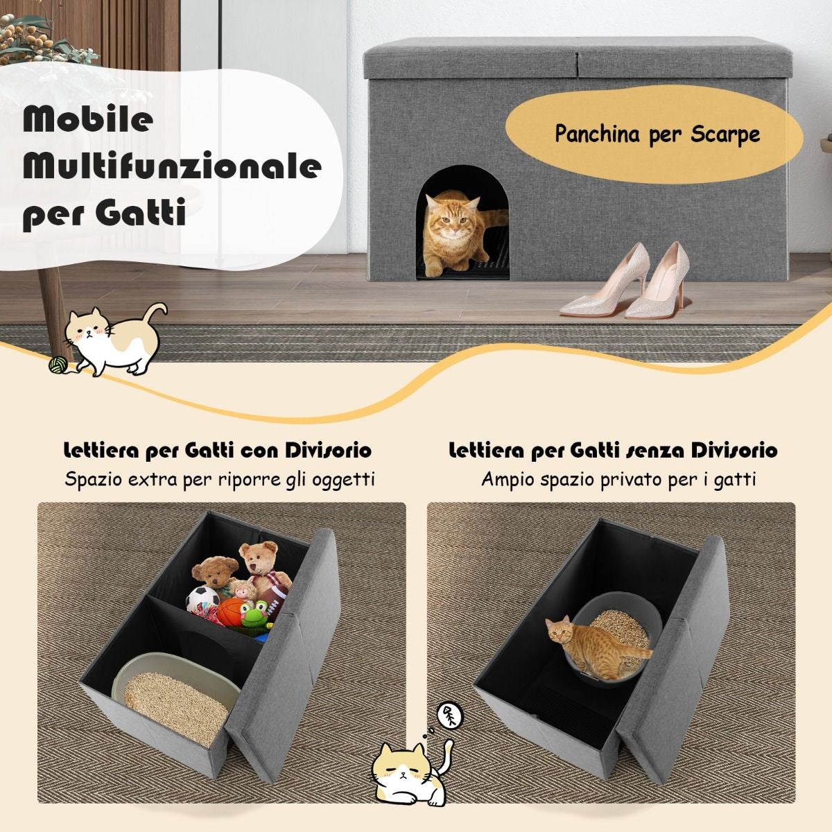 Mobile per Lettiera per Gatti Nascosto, Panca per Scarpe Con Filtro Al Carbone per Il Controllo Degli Odori 2 Colori
