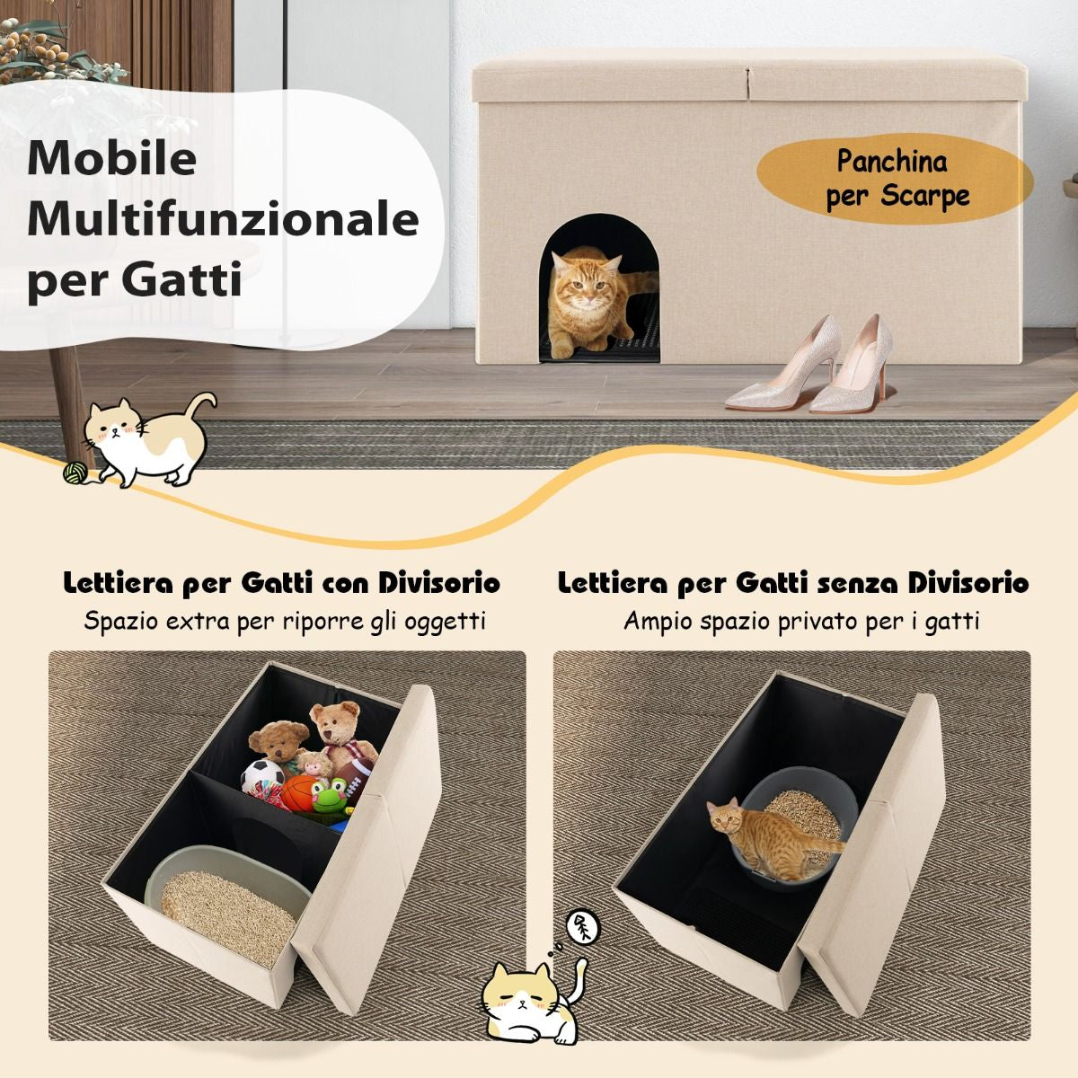 Mobile per Lettiera per Gatti Nascosto, Panca per Scarpe Con Filtro Al Carbone per Il Controllo Degli Odori 2 Colori
